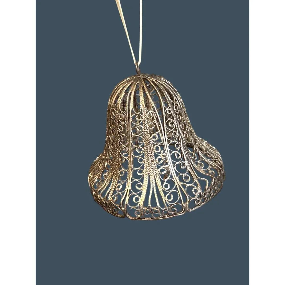 Vintage Silverplate Filigree Bell Ornament With Crystal Clapper 2.25" Holiday De - Picture 5 of 7